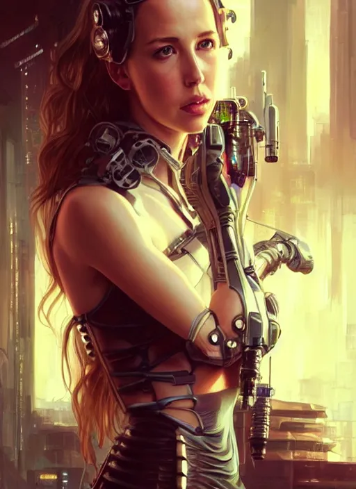 Image similar to alona tal with cyberpunk implants,, incredibly detailed face, pretty face, light dress, deep focus, d & d, fantasy, intricate, elegant, highly detailed, digital painting, artstation, concept art, matte, sharp focus, illustration, true anatomy, art by artgerm and greg rutkowski and alphonse mucha