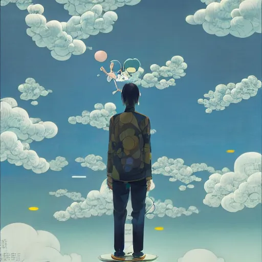 Image similar to a man walking on clouds above kyoto by takashi murakami, beeple and james jean, aya takano color style, 4 k, super detailed