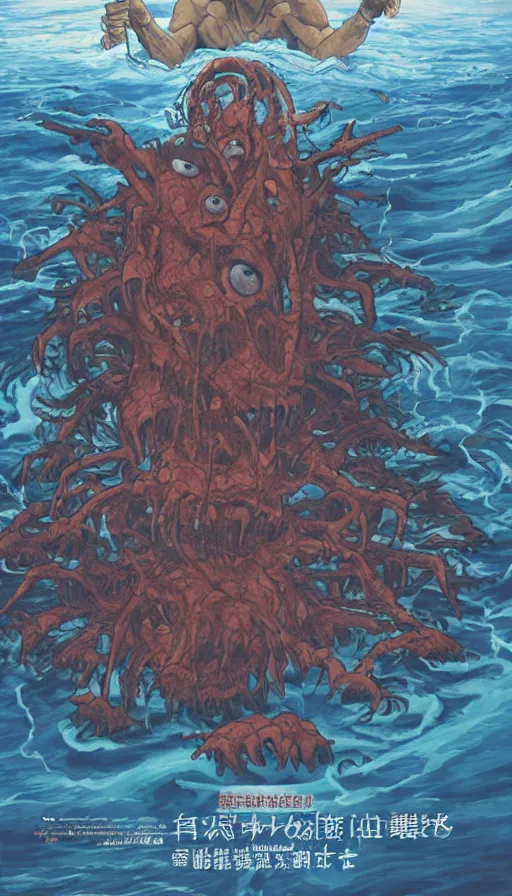 Prompt: man on boat crossing a body of water in hell with creatures in the water, sea of souls, by hideaki anno