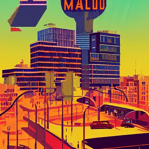 Prompt: a poster of madrid ( spain ), poster art by james gilleard, behance contest winner, retrofuturism, official art, criterion collection, poster art