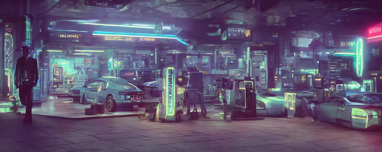 Image similar to a scene from the matrix that takes place in a gas station in the night time, vaporwave aesthetic, neon signs, superliminal 8 k uhd, unreal engine, octane render in the artstyle of finnian macmanus, john park and greg rutkowski