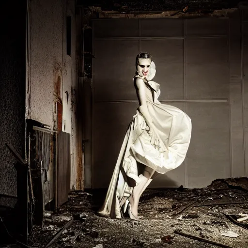 Image similar to medium format photograph of a surreal fashion shoot in an abandoned building, camera flash, night