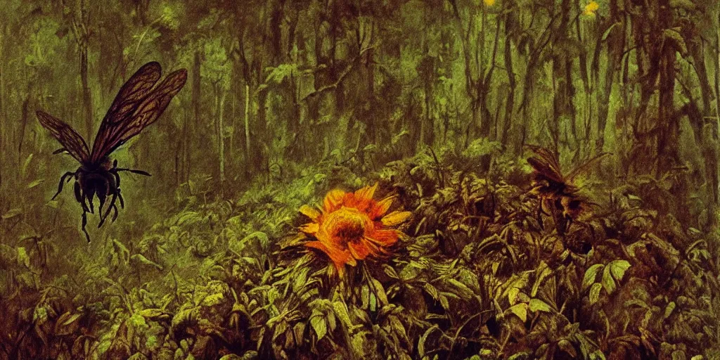 Image similar to painting in style of beksinski featuring a honey bee lost in the forest