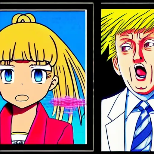 Image similar to ivanka and donald trump, sprite, vaporwave nostalgia, directed by beat takeshi, visual novel cg, 8 0 s anime vibe, kimagure orange road, maison ikkoku, sketch by akira toriyama