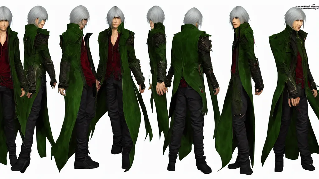 Image similar to devil may cry long haired green coat son of sparda character design sheet, trending on artstation