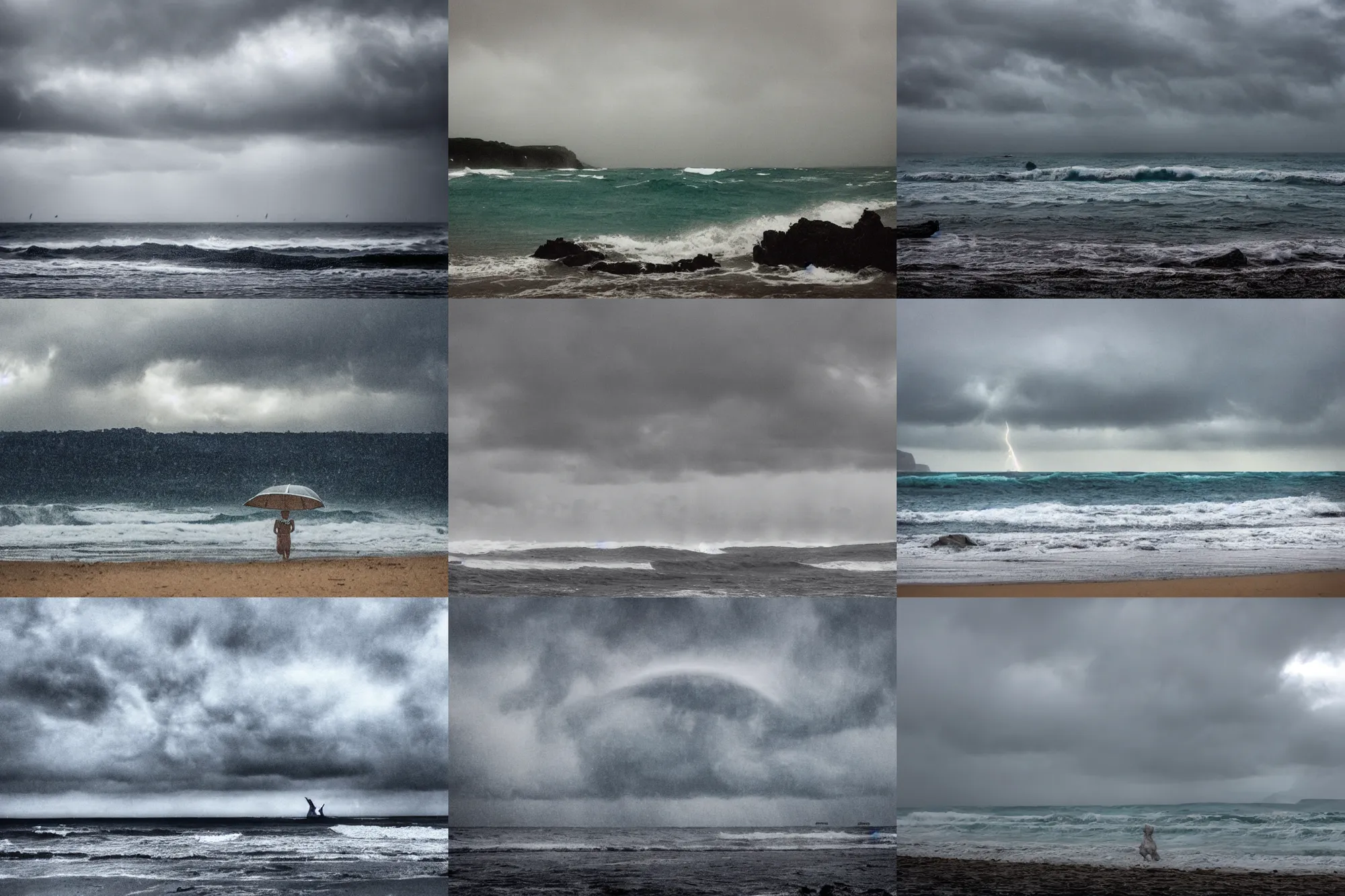 Prompt: a photo of the poseidon god coming from the weather, viewed from a beach on a rainy day