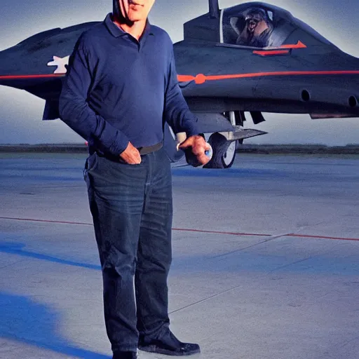 Image similar to aesthetic illustration of jeffrey epstein, wearing a dark blue polo shirt, standing near predator unmanned combat aircraft on an empty runway at dusk, cinematic lighting, high detail, volumetric lights, pinterest wallpaper, trending on artstation