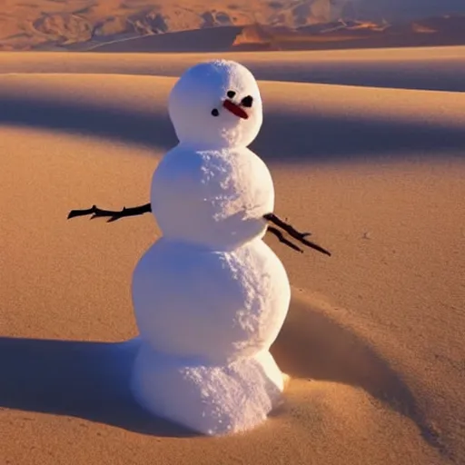 Image similar to there is a snowman made of snow in the desert, he is building a snowman from sand, golden hour, beautiful photography