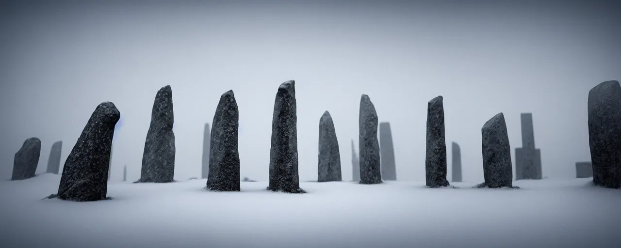 Prompt: a miniature diorama of neolithic standing stones, macro photography, grainy, snow, highly detailed, gloomy and foggy atmosphere, octane render, cinematic lighting tri - x, 8 k, hd