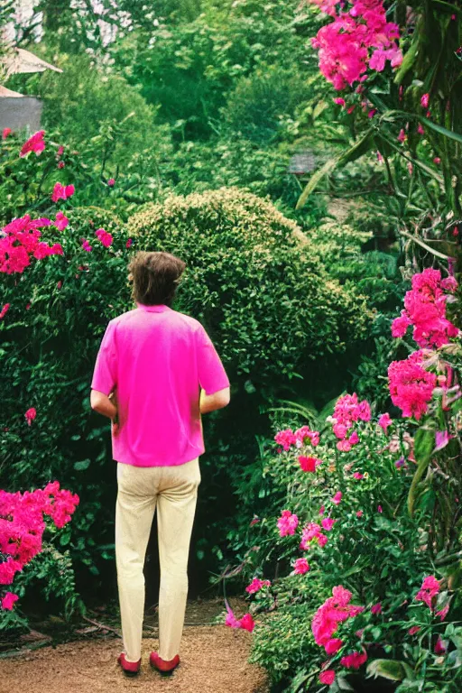 Prompt: kodak ultramax 4 0 0 photograph of a skinny guy standing in an exotic garden, back view, pink shirt, grain,