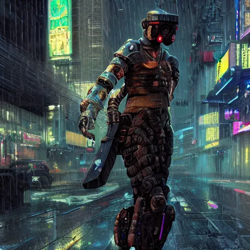 Prompt: a cyberpunk soldier in heavy armor on a crowded street in the rain, au naturel, hyper detailed, digital art, trending in artstation, cinematic lighting, studio quality, smooth render, unreal engine 5 rendered, octane rendered, art style by klimt and nixeu and ian sprigger and wlop and krenz cushart intricate artwork by Tooth Wu and wlop and beeple. octane render, trending on artstation, greg rutkowski very coherent symmetrical artwork. cinematic, hyper realism, high detail, octane render