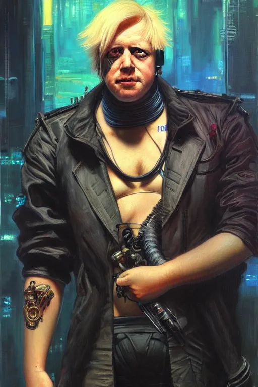 Prompt: cyberpunk boris johnson, character design, painting by gaston bussiere, katsuya terada, frank frazetta, tom of finland, trending on artstation