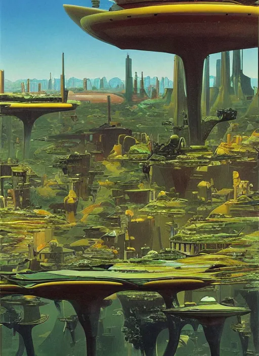 Image similar to photorealistic image of a futuristic cityscape, solarpunk, naturecore, by roger dean, by dean ellis