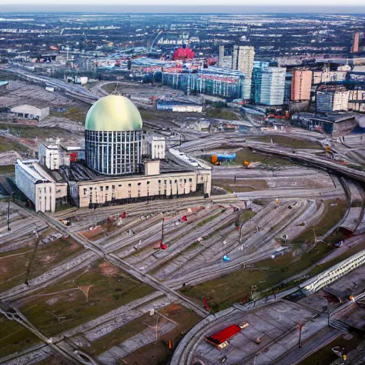 Prompt: Aerial photo of a Minsk city after apocalypse, Minsk Railway station, ultra detailed, High resolution, 4k, nuclear war, alien invasion