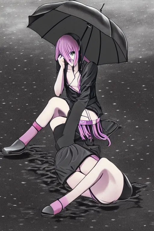 Image similar to A stern girl in Japanese maid's clothes and long stockings sits on the wet pavement in a parking lot in the rain at night. Dark anime drawing in gothic style.