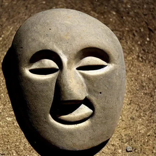 a creepy stone mask with empty eyes and a smiling