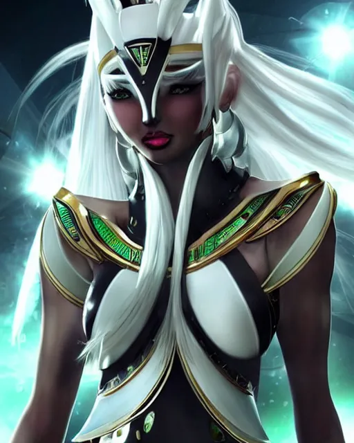 Image similar to perfect white haired attractive egyptian goddess warframe armor beautiful symmetric dreamy half asian pretty face green eyes