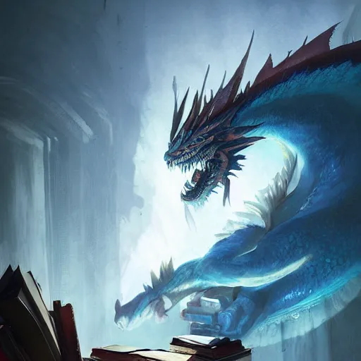 Prompt: blue dragon sitting on a hoard of books, fantasy, dnd, art by greg rutkowski