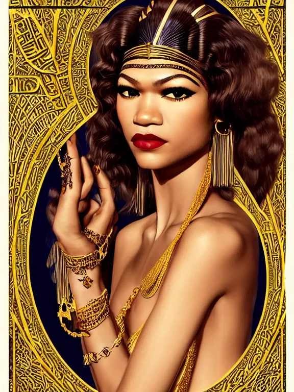 Image similar to Zendaya as Bast the Egyptian goddess, a beautiful art nouveau portrait by Gil elvgren, moonlit Nile river environment, centered composition, defined features, golden ratio, intricate gold jewlery featured in vogue, skincare, makeup