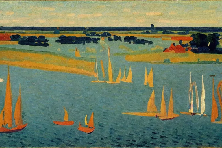 Image similar to A sprawling landscape painting of the Chesapeake bay in the fall, bathed in golden light, peaceful, sailboats, birds in the distance, golden ratio, fauvisme, art du XIXe siècle, oil on canvas by André Derain, Albert Marquet, Auguste Herbin, Louis Valtat, Musée d'Orsay catalogue