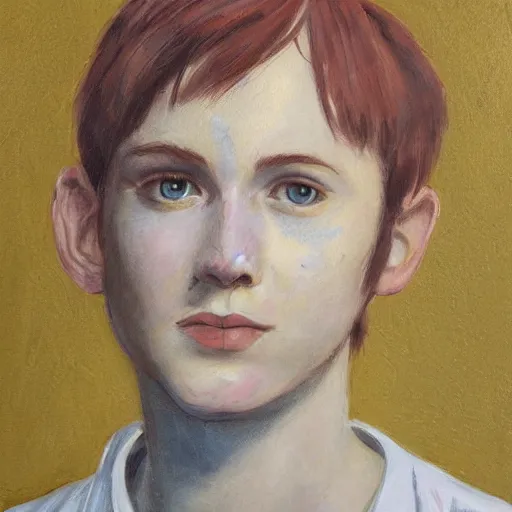 Image similar to face portrait of a teen boy with short red hair and a lot of freckles and blue eyes and a long nose, highly detailed, painting