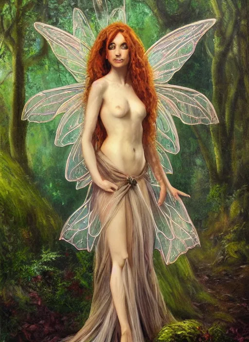 Image similar to beautiful oil painting full body portrait fairy faerie fey queen standing in forest highly detailed subtle enchanting