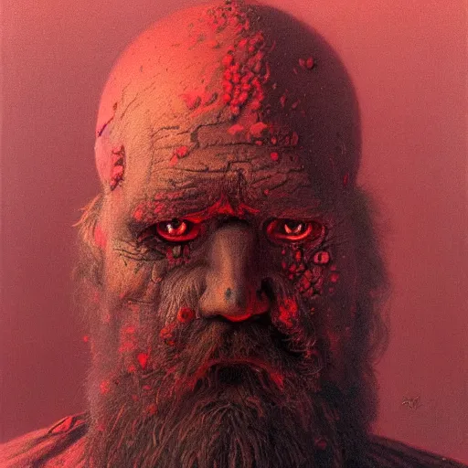 Image similar to Angry Bearded Prospector portrait, dark fantasy, red and gold, artstation, painted by Zdzisław Beksiński and Wayne Barlowe