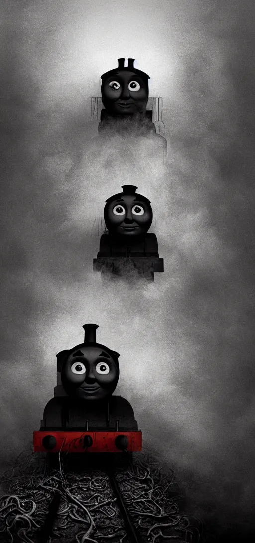 Image similar to thomas the tank engine in style of zdzisław beksinski, extremely dramatic lighting, 8 k, tendrils, black, darkness, black slime tendrils, infected, rust, body horror, thomas the train, thomas the tank engine face, horror,