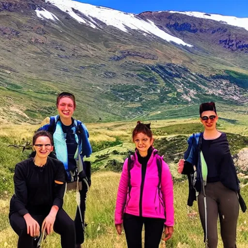 Image similar to “Willow team in Armenia hiking at weekend and posing with mountains on the background, sharp photo 4k”