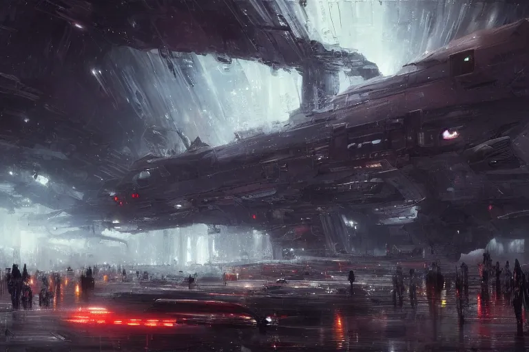 Image similar to scifi landscape dark crowded people vehicle spaceship overcast rainstorm by wadim kashin