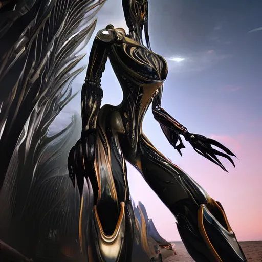 Prompt: worm's eye view from the floor, looking up, at a highly detailed 300 foot tall giant exquisite beautiful female warframe, as an anthropomorphic robot female dragon, posing elegantly over you, two massive detailed high quality legs towering over you, looking up from between the legs, at the beach on a sunset, sleek and streamlined matte black armor with glowing pink accents, sharp detailed claws, detailed sharp robot dragon feet, giantess shot, upward shot, ground view shot, front shot, cinematic shot, high quality warframe fanart, captura, realistic, professional digital art, high end digital art, furry art, anthro art, DeviantArt, artstation, Furaffinity, 8k HD render, epic lighting