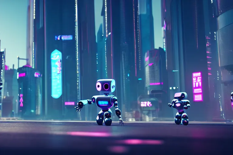 Image similar to a cute little robots in at cyberpunk city. super realistic 8 k render of a elegant, cinematic composition