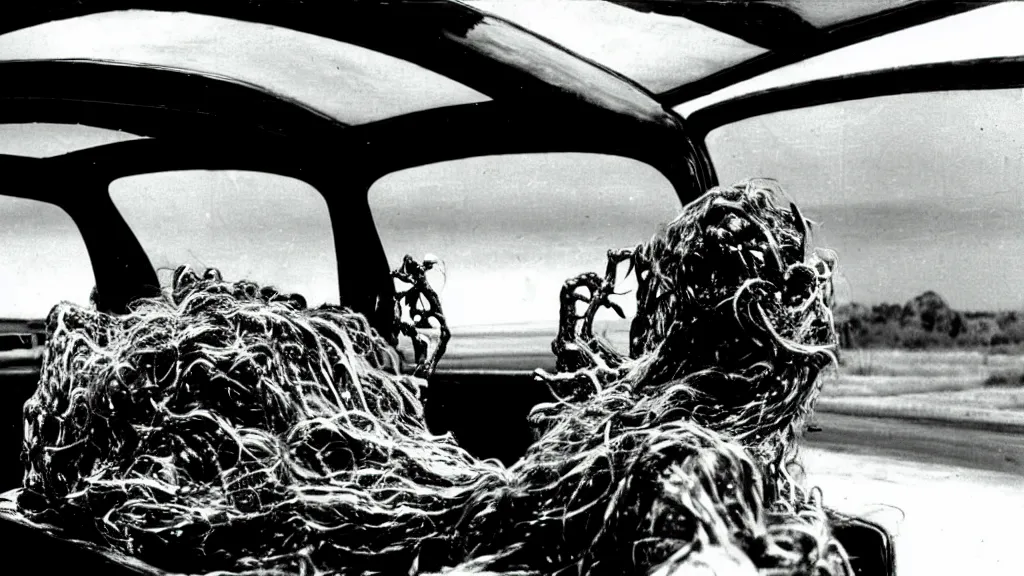 Prompt: the creature sits in a car, view of the car, made of wax and metal, film still from the movie directed by David Cronenberg with art direction by Salvador Dalí, wide lens