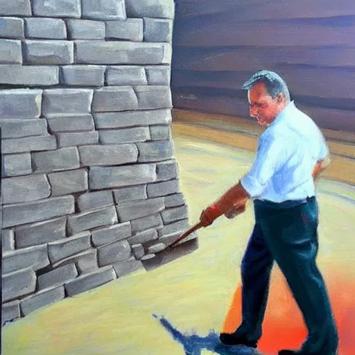 Image similar to viktor orban laying bricks, oil painting