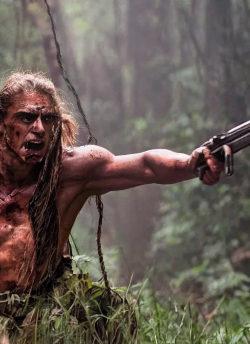 Image similar to film still of Dave Franco as Dutch in Predator, 4k