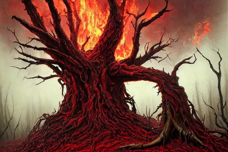 Image similar to Haunting horrifying hyperrealistic detailed painting of a huge tall ent creature sitting atop a mountain of flames in a foggy hellscape with spread out pools of crimson red gelatinous liquid and goop, eyeballs bulging, sparks of fire flying, dystopian feel, heavy metal, disgusting, creepy, unsettling, in the style of Michael Whelan and Zdzisław Beksiński, lovecraftian, hyper detailed, trending on Artstation