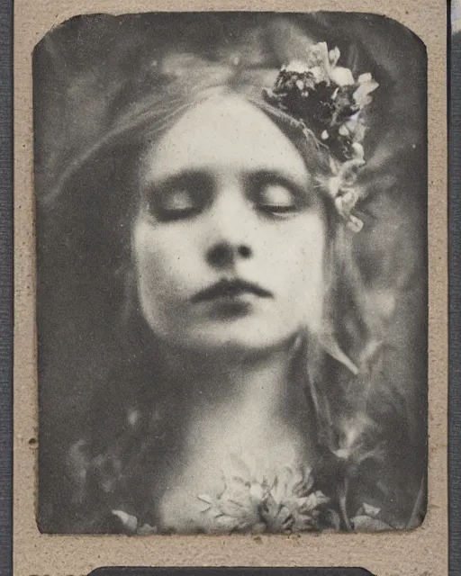 Prompt: a beautiful detailed front view portrait of a dead rotten princess with baroque ornate growing around, flowers, plants, ornamentation, elegant, beautifully soft and dramatic lit, 1 9 1 0 polaroid photo