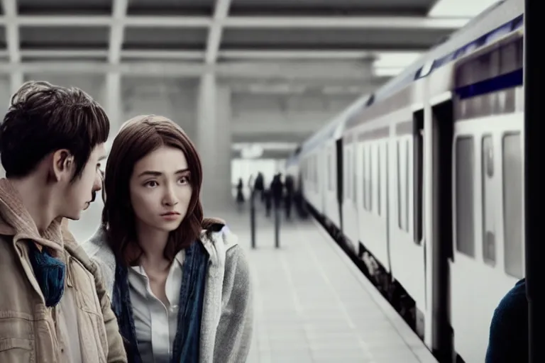 Prompt: vfx movie closeup couple in a train station flat color profile low - key lighting award winning photography arri alexa cinematography, beautiful natural skin, atmospheric cool color - grade