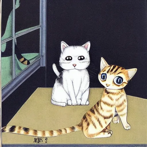 Image similar to the first ever interaction between a cat an human by tsuguharu foujita