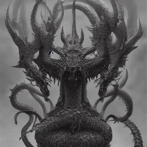 Image similar to concept art of a hydra, dragon with many heads, a painting by beksinski, by ruan jia, by austin osman spare, symbolist painting, mist, volumetric render, digital painting, detailed painting, occult