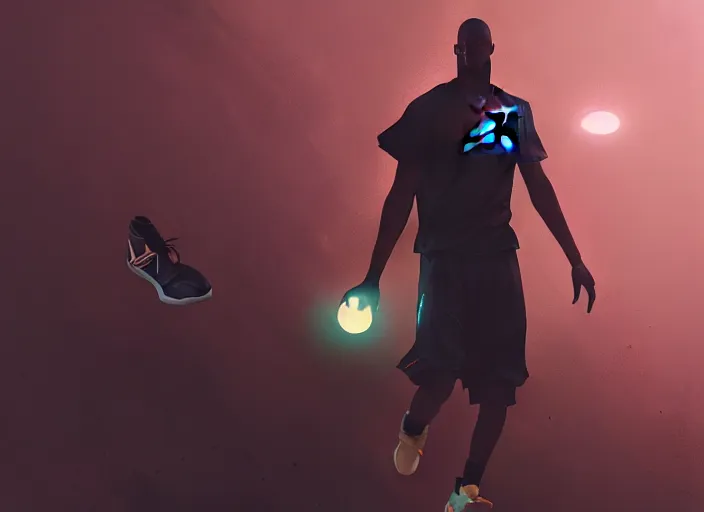 Image similar to air jordan basketball sneaker from the year 2 2 0 2, glowing shoelaces, future techwear, cinematic digital painting, artstation, dramatic product shot, smooth, sharp focus, fantasy art by greg rutkowski, loish, rhads, ferdinand knab, makoto shinkai, ilya kuvshinov, rossdraws