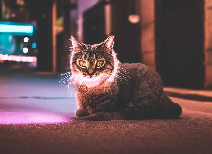 Image similar to photography of a Cat sitting on a box. in a cyberpunk street, award winning photo, led lighting, night, 24mm, sharp, high res