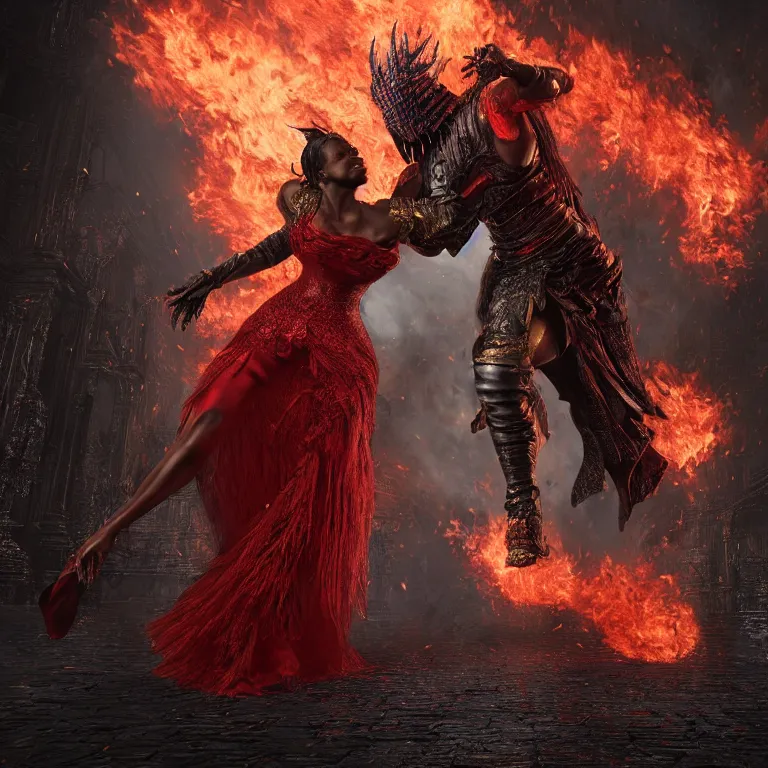 Image similar to black man and a female devil in red dress are dancing together in fire, Dark Souls 3 themed, in style of Ruan Jia, insanely detailed and intricate, golden ratio, elegant, ornate, luxury, elite, matte painting, cinematic, cgsociety, James jean, Brian froud, ross tran, Laputa