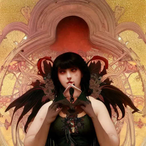 Prompt: goth girl opening her mouth full of sharp bloodstained teeth, intricate, art by artgerm and greg rutkowski and alphonse mucha and william - adolphe bouguereau, high detailed, 4 k,