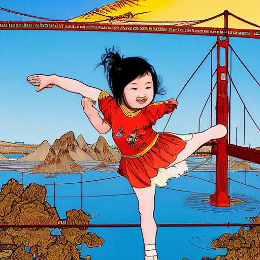 Prompt: a chinese caucasian mixed race hapa five - year - old girl, dressed as a ballerina, balancing on the golden gate bridge, smiling into the camera, portrait, wide shot, sunset illustration, pop art, splash painting, art by geof darrow, ashley wood, alphonse mucha