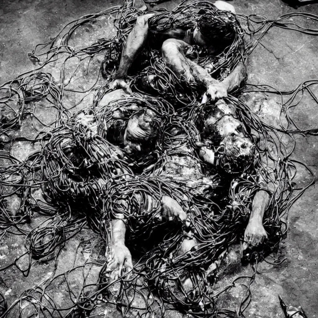 Prompt: A man in a gray suit entangled in black cables and pipes holds the corpse of an animal in a dump with an oil slick in the style of michael mann