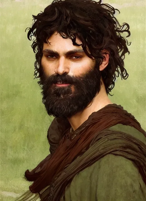 Prompt: medium-length portrait of a male druid with short curly hair and brown eyes, dark brown skin, long beard, happy expression, wears a combination of dark green tunic and boiled leather, medieval setting, highly detailed, digital painting, artstation, concept art, sharp focus, illustration, art by greg rutkowski and alphonse mucha
