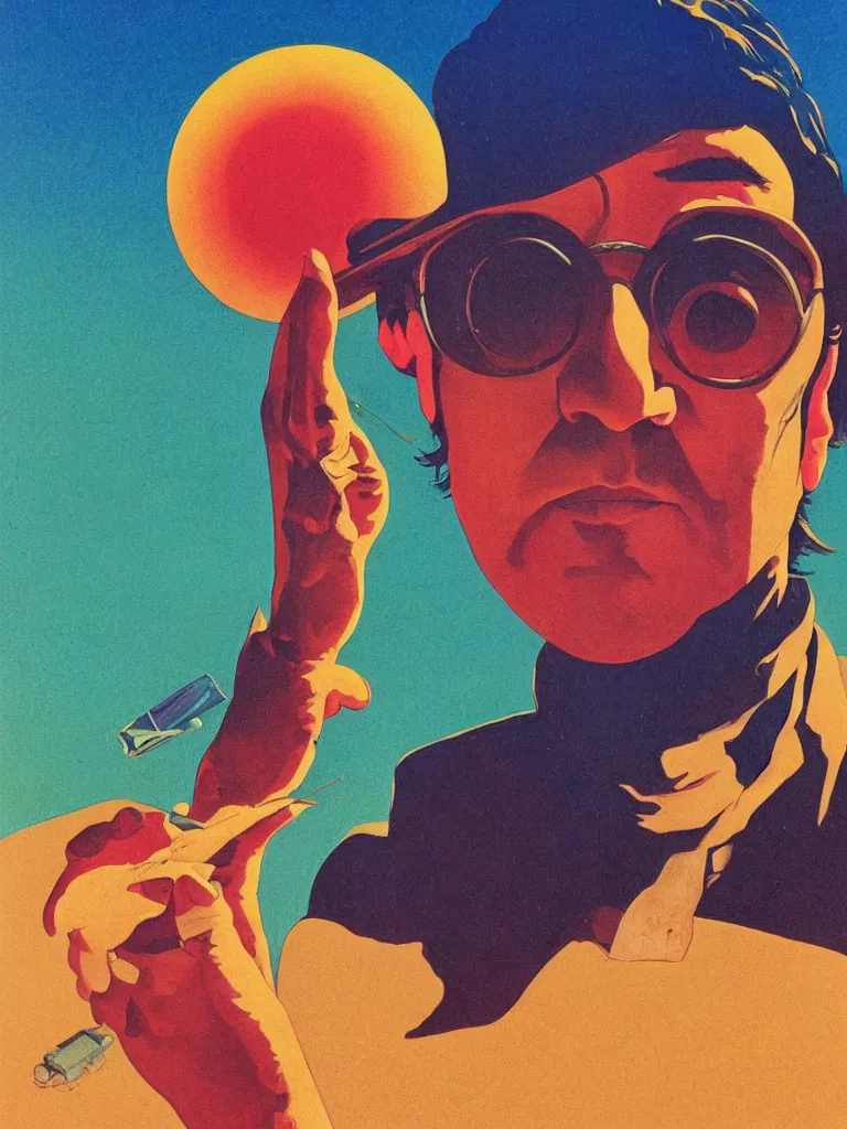 Image similar to a closeup portrait of john lennon, a ufo, taking mind altering drugs, a blotter paper of lsd acid and dreaming psychedelic hallucinations in a new mexico desert landscape, by kawase hasui, moebius, edward hopper, colorful flat surreal design, dramatic lighting, hd, 8 k, artstation