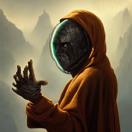 Prompt: masked nomad male wearing a cloak on and holding a holographic planet projection in his hand, detailed, sci - fi, digital painting, artstation, sharp focus, illustration, ominous, artgerm, tomasz alen kopera, peter mohrbacher, donato giancola, joseph christian leyendecker, wlop, frank frazetta