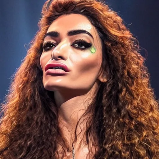 Image similar to an ultra detailed hyperrealistic portrait of Eleni Foureira with an extrene detailed face and eyes at the Eruovision Song Contest singing